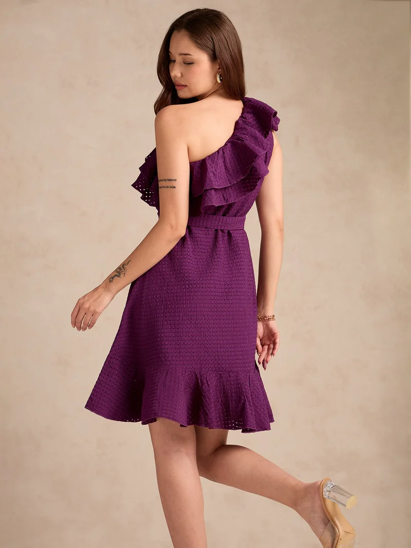 Outzidr  Purple Soft Ruffle One Shoulder Dress for Women | Best Price UAE