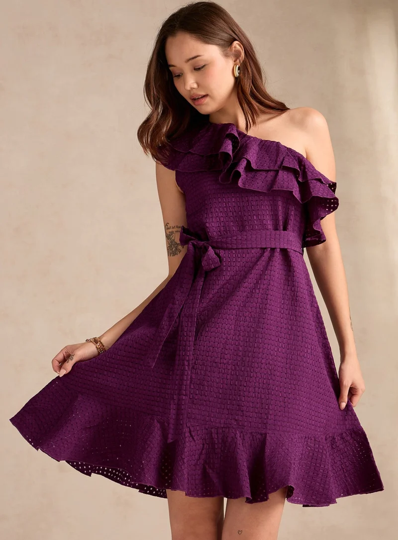 Outzidr  Purple Soft Ruffle One Shoulder Dress for Women | Best Price UAE