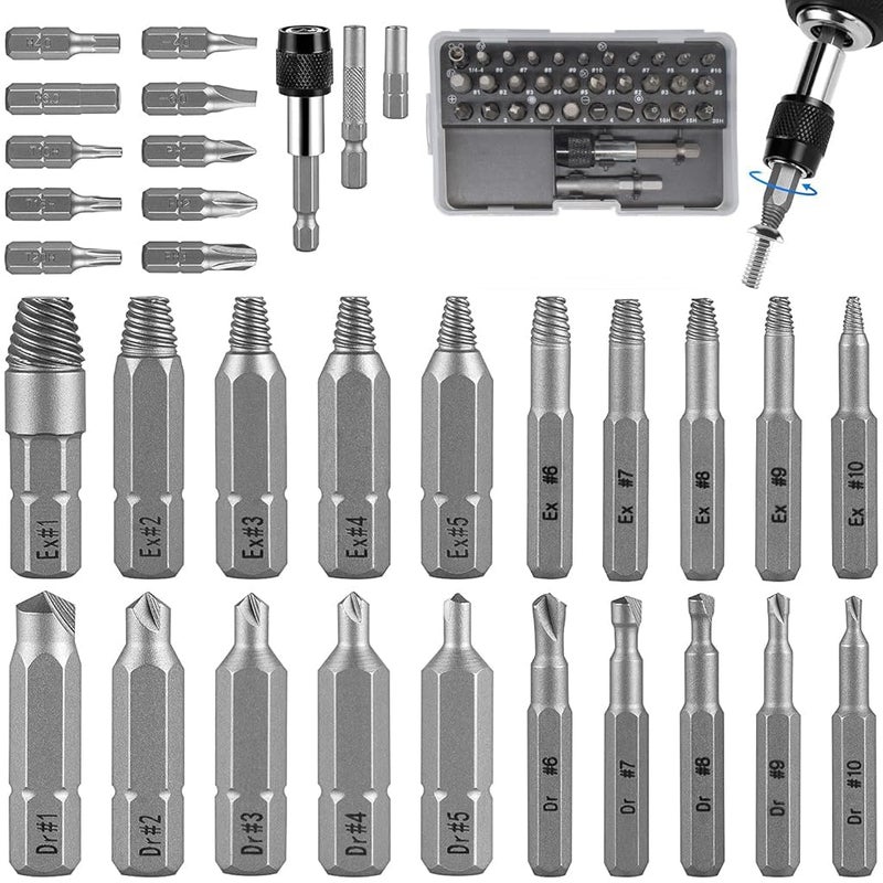 Serplex مجموعة مستخرج البراغي التالفة 33 قطعة - مجموعة مستخرج البراغي للبراغي المكسورة، أداة إزالة مستخرج البراغي مع مجموعة من لقم الحفر، إزالة البراغي المكسورة بسهولة - Image 1