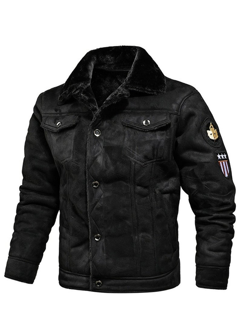Loquat Men's Single Breasted Thick Outdoor Leather Jacket Long Sleeve Lapel Casual Coat Black 