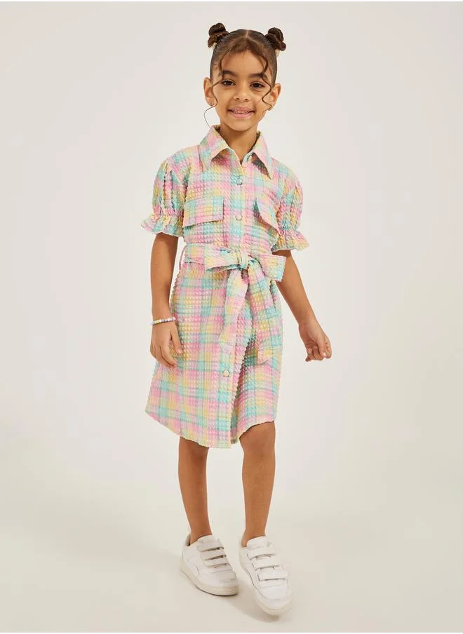 Styli Checked Collared Dress with Belt Detail