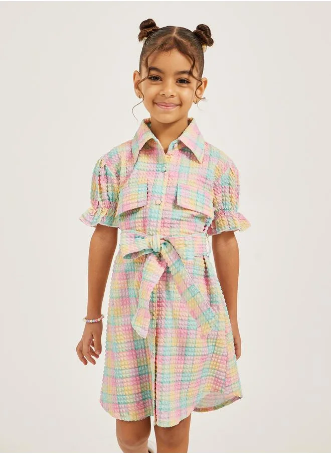 Styli Checked Collared Dress with Belt Detail