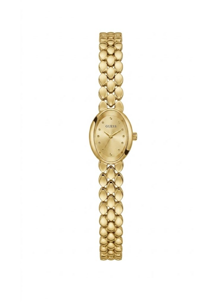 GUESS Women's Full Gold Oval Watch - Champagne Dial - Luxury Bead-Link Bracelet