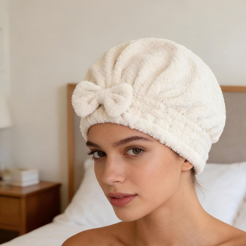 Pink Coral Fleece Hair Drying Cap Quick Dry Thickened Towel With Bow 26x29cm - Image 1