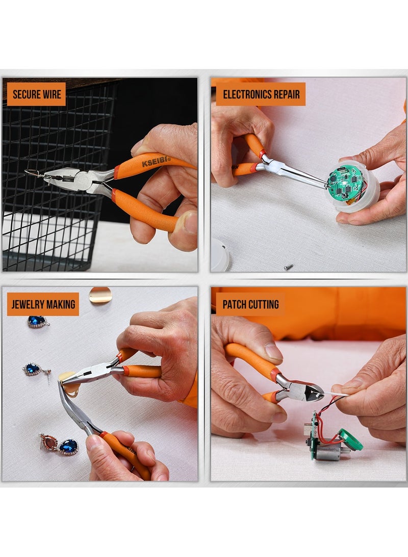 KSEIBI Mini Plier Set PVC Pattern 5-Pc, includes: Combination, Diagonal, Bent, Needle, Long Nose, For Holding & Cutting hard and soft Wires/Removing Nailsl/.Precise Jewelry Making, Electronics Repair. - Image 4