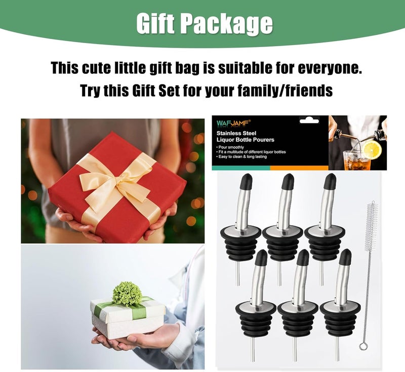 WAFJAMF 6 Pcs Liquor Pour Spouts Set, Stainless Steel Liquor Bottle Pourers with Rubber Dust Caps, for Pours Liquid, Olive Oil, Wine, Vinegar (Silver) - Image 5