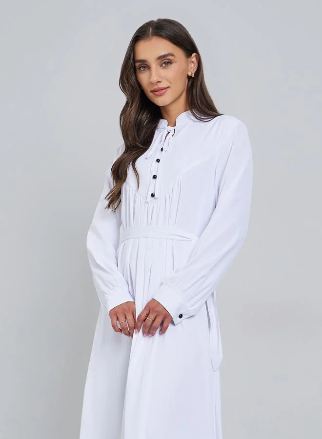 Styli White Solid Tie Neck Long Sleeve Midi Dress