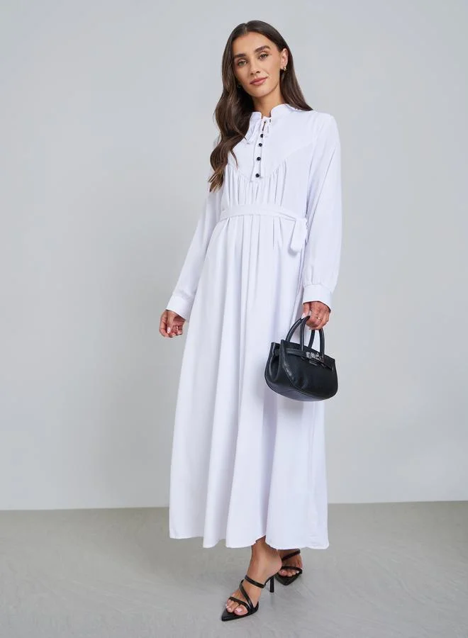 Styli White Solid Tie Neck Long Sleeve Midi Dress