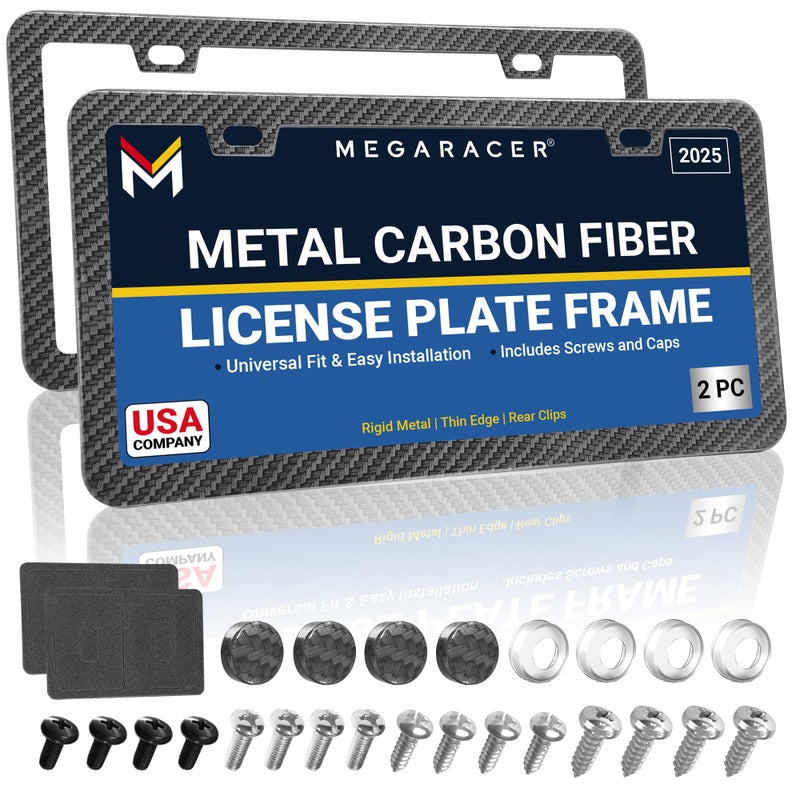 Mega Racer Premium Slim Carbon Fiber Design License Plate Frames 2 Pack RustFree Stainless Steel RattleFree Street Legal Universal with Screw Caps Thin Metal Front Rear Car Tag Holders for Men - Image 2