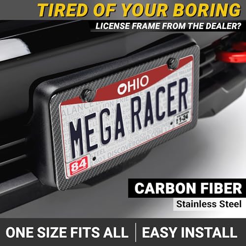 Mega Racer Premium Slim Carbon Fiber Design License Plate Frames 2 Pack RustFree Stainless Steel RattleFree Street Legal Universal with Screw Caps Thin Metal Front Rear Car Tag Holders for Men - Image 3