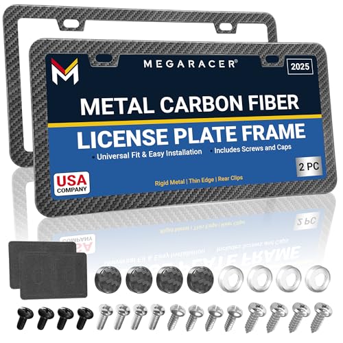 Mega Racer Premium Slim Carbon Fiber Design License Plate Frames 2 Pack RustFree Stainless Steel RattleFree Street Legal Universal with Screw Caps Thin Metal Front Rear Car Tag Holders for Men - Image 1