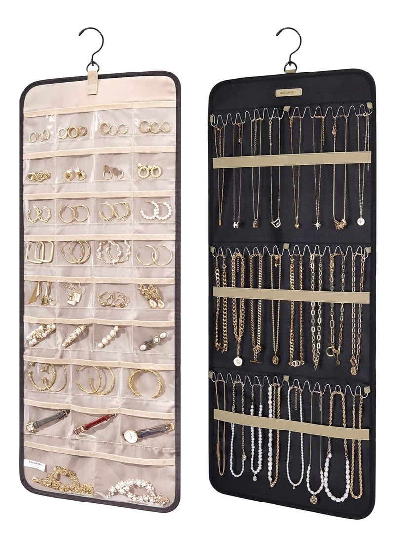 general Hanging Jewelry Organizer Storage Roll with Hanger Metal Hooks Double-Sided Jewelry Holder for Earrings, Necklaces, Rings on Closet, Wall, Door, 1 piece, Large, Black - Image 1