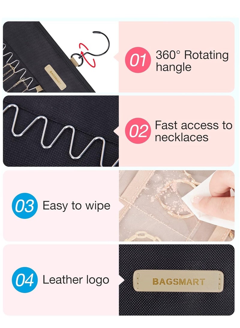 general Hanging Jewelry Organizer Storage Roll with Hanger Metal Hooks Double-Sided Jewelry Holder for Earrings, Necklaces, Rings on Closet, Wall, Door, 1 piece, Large, Black - Image 4