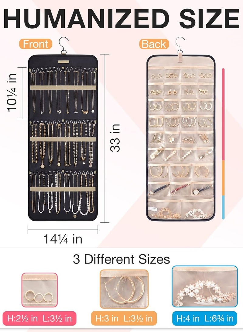 general Hanging Jewelry Organizer Storage Roll with Hanger Metal Hooks Double-Sided Jewelry Holder for Earrings, Necklaces, Rings on Closet, Wall, Door, 1 piece, Large, Black - Image 5