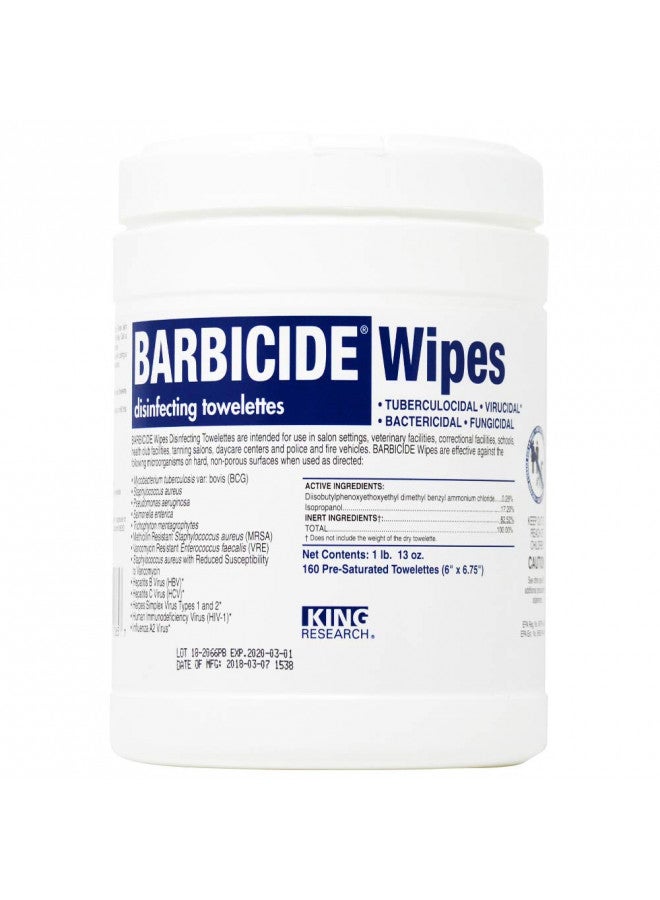 Barbicide Disinfectant Wipes, Clear, 160 Count (Pack of 1), BRA-11364