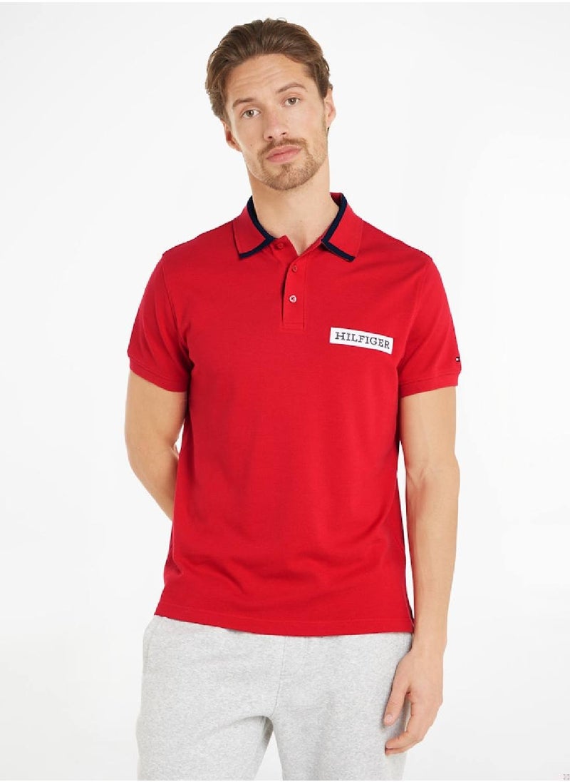 TOMMY HILFIGER Men's Tipped Logo Embroidery Regular Fit Polo - Cotton, Red  - Image 1