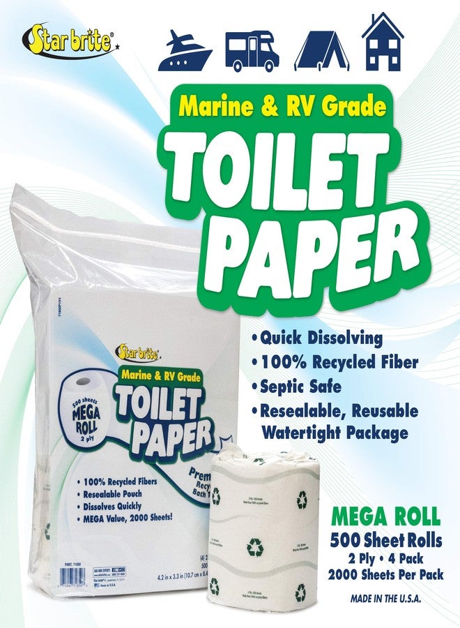 STAR BRITE Marine & RV Grade Toilet Paper – Fast Dissolving, 2-Ply, 4 Mega Rolls (2000 Sheets Total) in Resealable Watertight Pack (071850) - Image 2