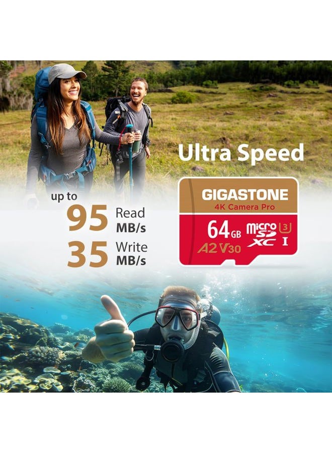 Gigastone بطاقة micro SD سعة 64 جيجابايت، كاميرا 4K برو، فيديو UHD لجهاز GoPro، كاميرا الحركة، Wyze، DJI، طائرة مسيرة، سرعة قراءة/كتابة تصل إلى 95/35 ميجابايت/ثانية، بطاقة ذاكرة MicroSDXC UHS-I U3 A2 V30 - Image 2
