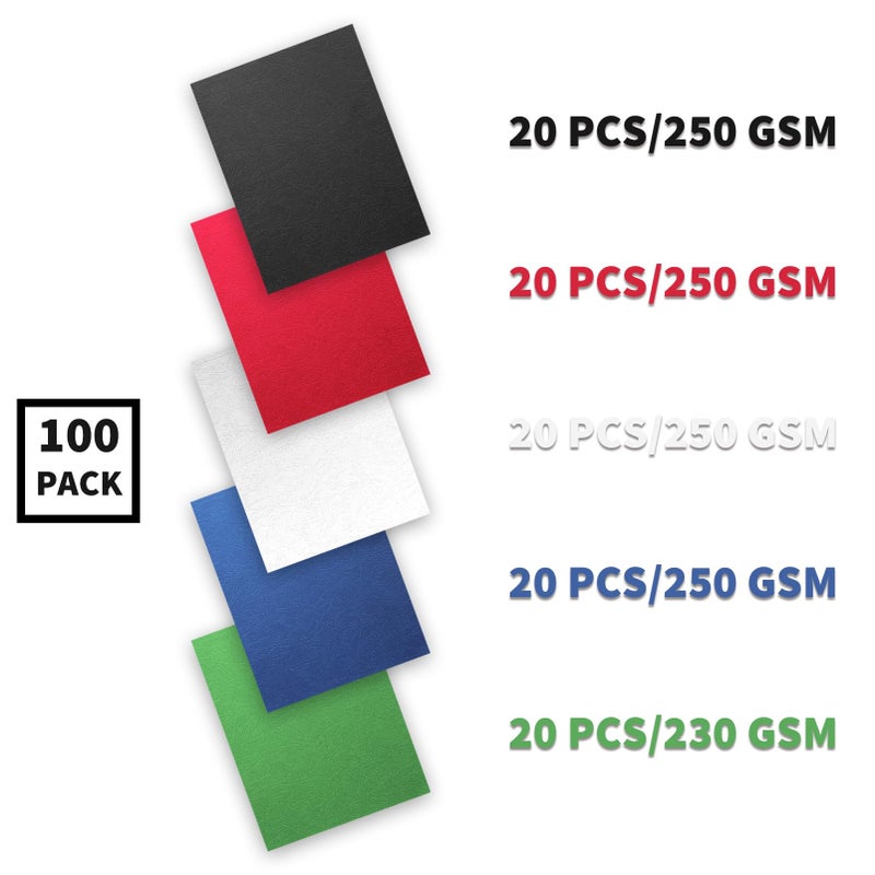 Binditek 100 Pack 13Mil Grain Texture Paper Binding Presentation Covers, 8-1/2 x 11 Inches 90lb, 250 GSM, Un-Punched, 5 Multi Colors (Black, White, Red, Green, Blue) - Image 2