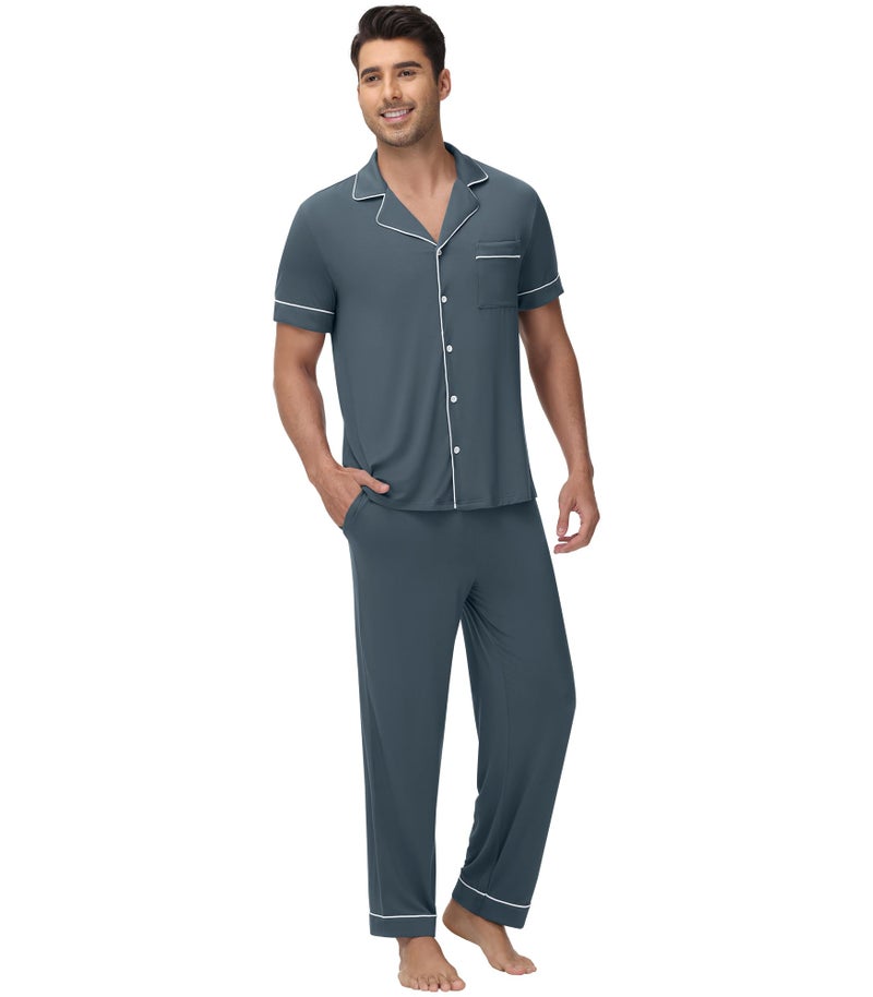 WiWi Mens Pajamas Set Classic Short Sleeve Shirt Pants Sleepwear Notch Collar Pajama Sets Button Down Pjs SXXL Grayish Blue Medium