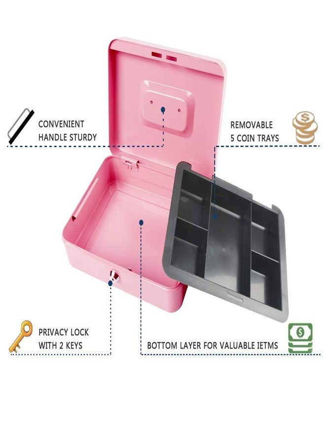 KYODOLED Large Metal Cash Box with Money Tray and Lock,Money Box with Cash Tray,Cash Drawer,9.84"x 7.87"x 3.54" Pink Large - Image 2