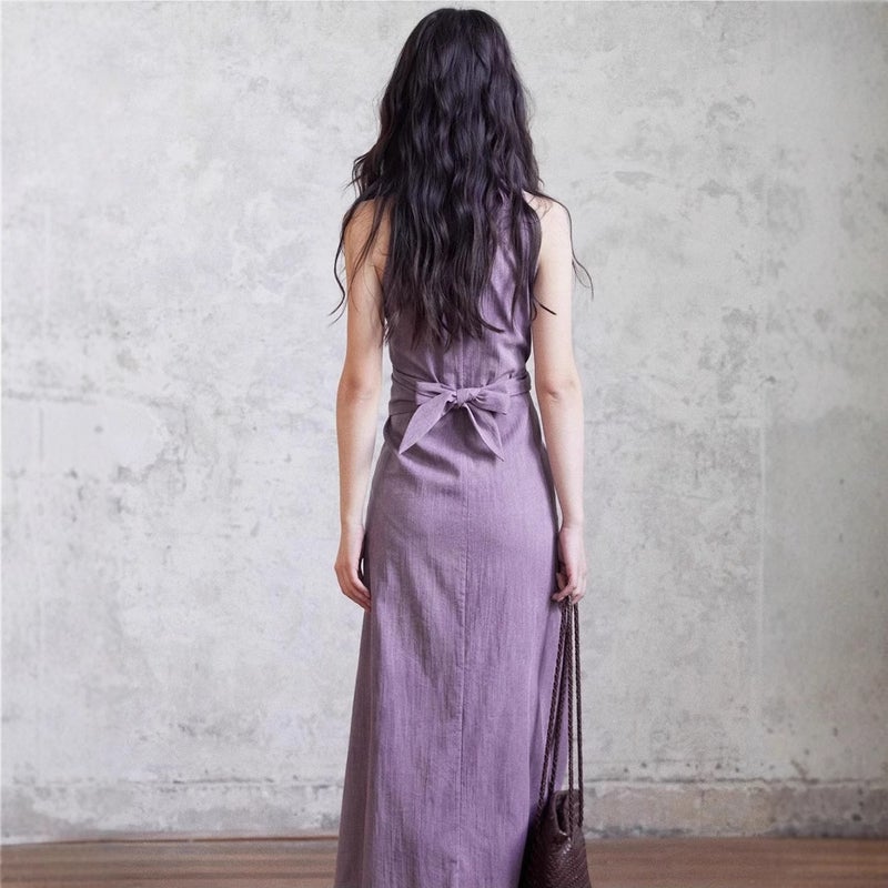 Elegant Purple V-Neck Halter Long Dress with Tie Design - Image 4