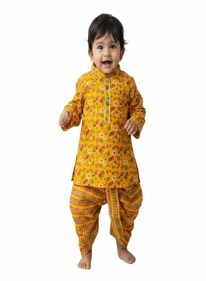 BabyMoo طقم كورتا دهوتي للأولاد من بيبي مو بنقشة زهور (1، أصفر، 5-6 سنوات) - Image 1