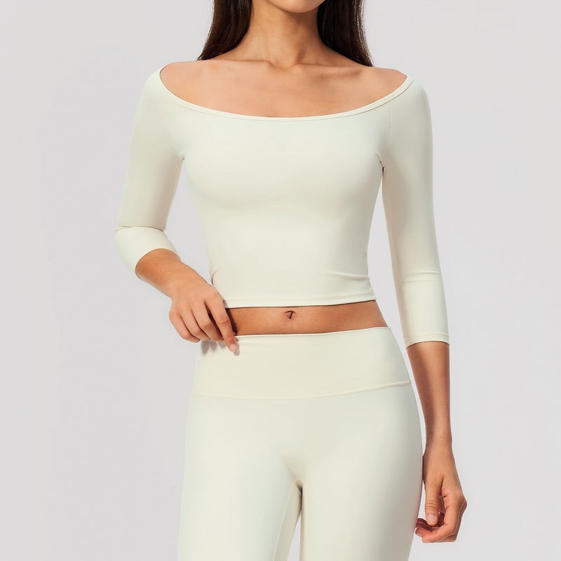 Cross-Border Quick-Dry Five-Quarter Sleeve T-Shirt, Tight-Fit, Waist-Slimming Pilates Workout Top