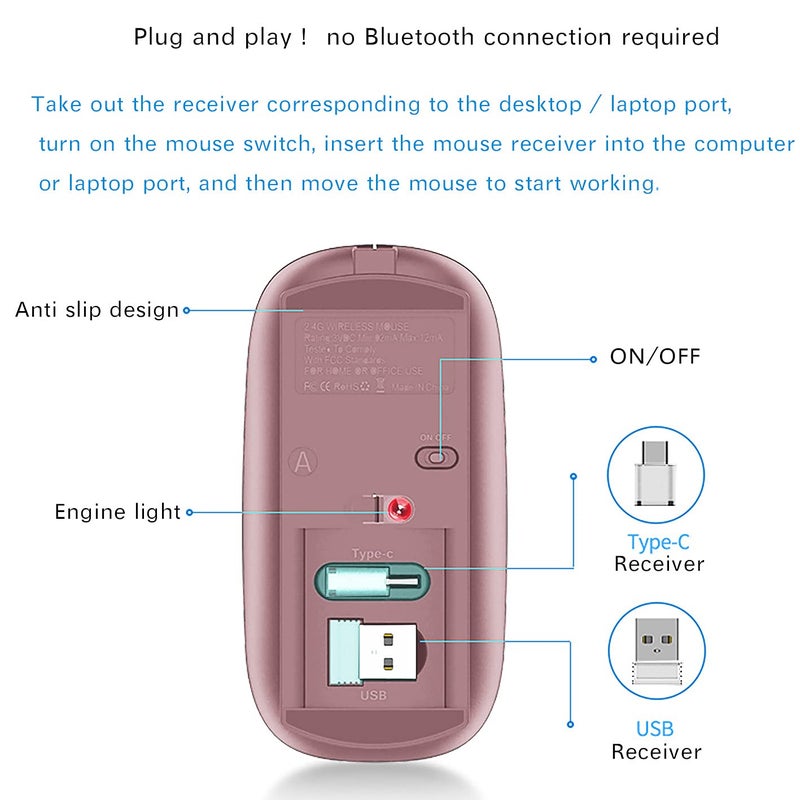 JETTA Wireless Mouse for MacBook Pro MacBook Air MacBook Laptop Mac iMac Desktop Computer Chromebook Win7/8/10/11 PC HP Dell Laptop 2.4 USB/USB C Mouse (Rose Gold) - Image 3