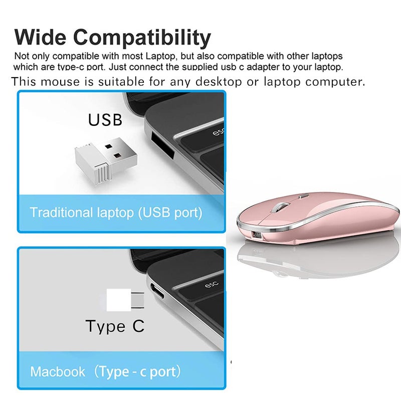 JETTA Wireless Mouse for MacBook Pro MacBook Air MacBook Laptop Mac iMac Desktop Computer Chromebook Win7/8/10/11 PC HP Dell Laptop 2.4 USB/USB C Mouse (Rose Gold) - Image 2