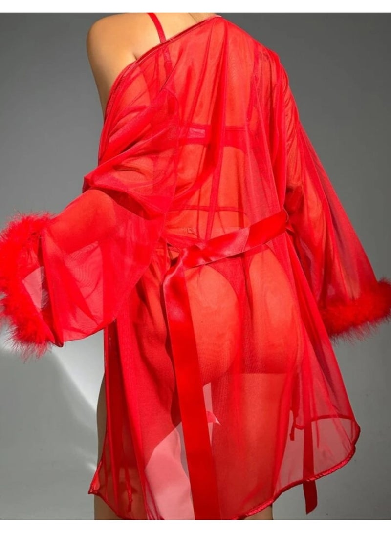 Sexy lingerie set for women, featuring a sheer robe in an elegant design and a captivating look. This short babydoll with lace details and a sheer robe creates a stylish playsuit perfect for evenings and cozy nights. Add a touch of glamour to your special night. Code 225 - Image 2