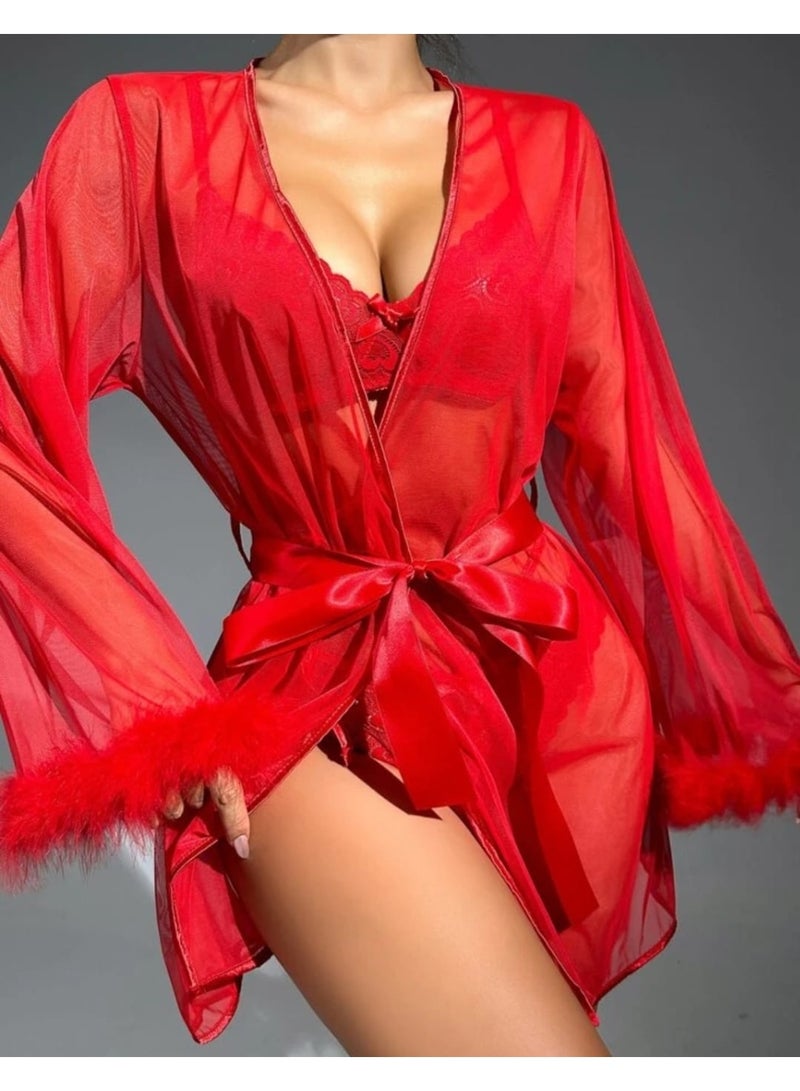 Sexy lingerie set for women, featuring a sheer robe in an elegant design and a captivating look. This short babydoll with lace details and a sheer robe creates a stylish playsuit perfect for evenings and cozy nights. Add a touch of glamour to your special night. Code 225 - Image 1
