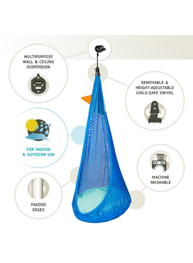 LA SIESTA Joki Indoor & Outdoor Kids Hanging Nest with Suspension Kit | Padded Edges | Clever SmartSwivel | Patented MultiSpot | 50% polyester, 50% polypropylene | pillow: 100% polyester | Blue - Image 4