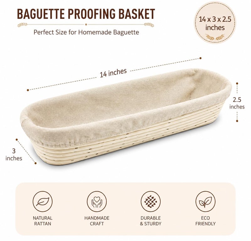Vollum Banneton Bread Proofing Basket & Liner – 0.5 lb – 13.5" x 4" x 2.5" Baguette Brotform – Handmade Rustic Sourdough Bread Baking Supplies, Banneton Basket, Sour Dough Tools, Gifts for Bakers - Image 2