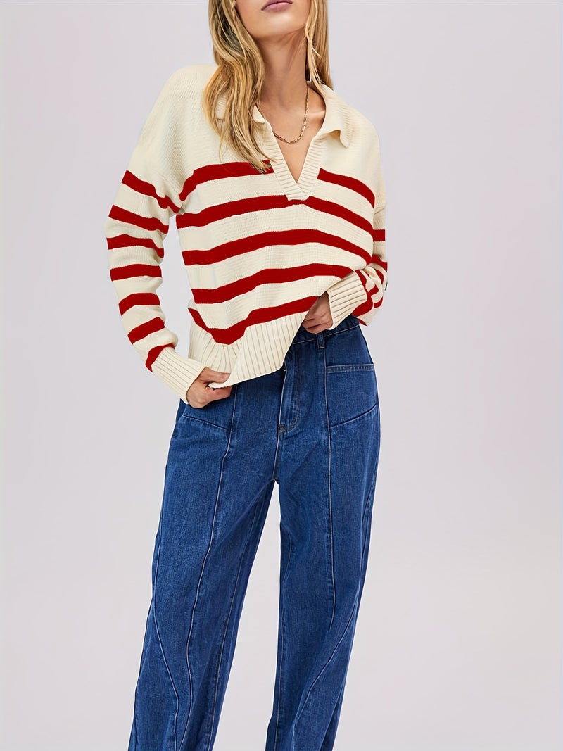 Red Vintage Lazy Stripe V-Neck Wool Sweater Womens Loose Fit Knitwear Autumn Green