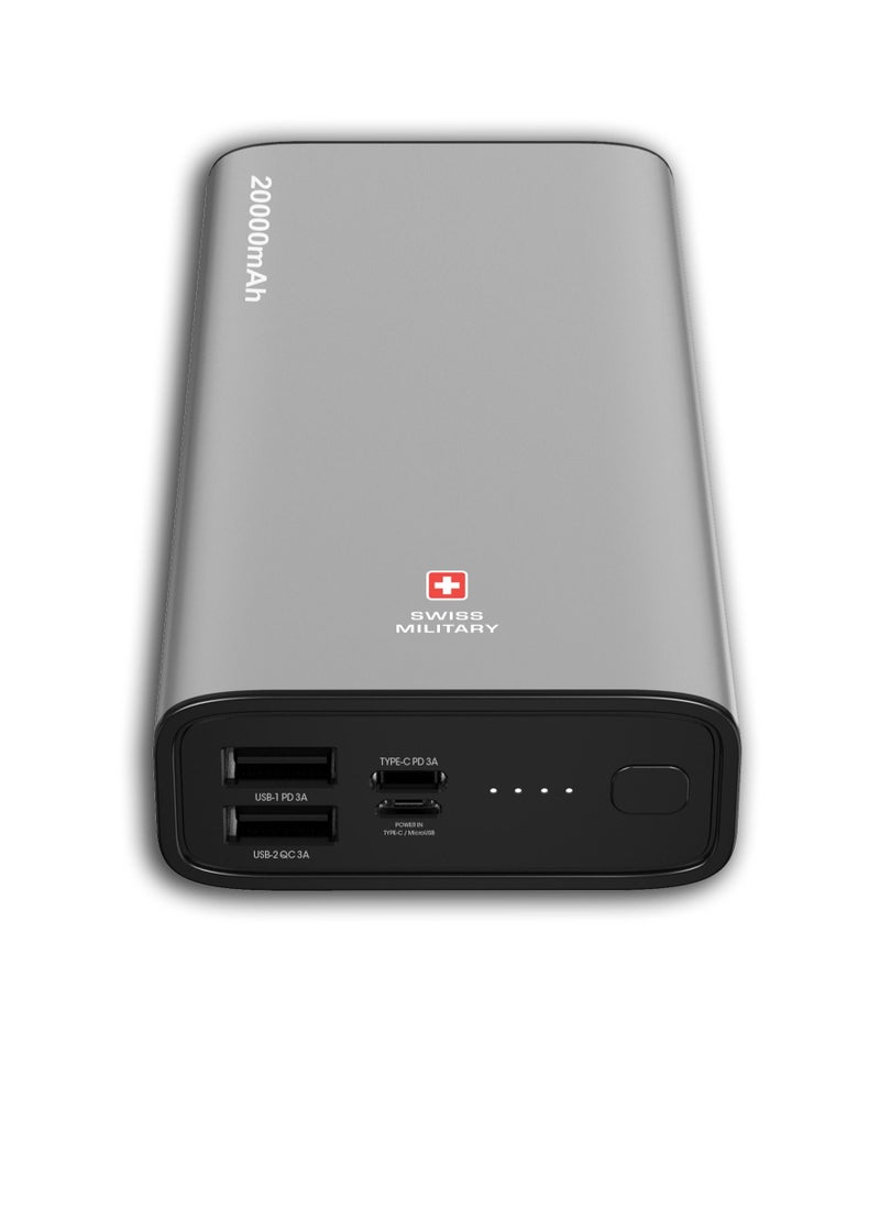 SWISS MILITARY - Bieudron PD Power Bank 20000MAH: Rapid Charging, 20W Output, 50% Charge in 30 Minutes* -Type-C, Micro, and Dual USB Inputs. Compatible with Apple, Samsung & More - Silver - Image 1