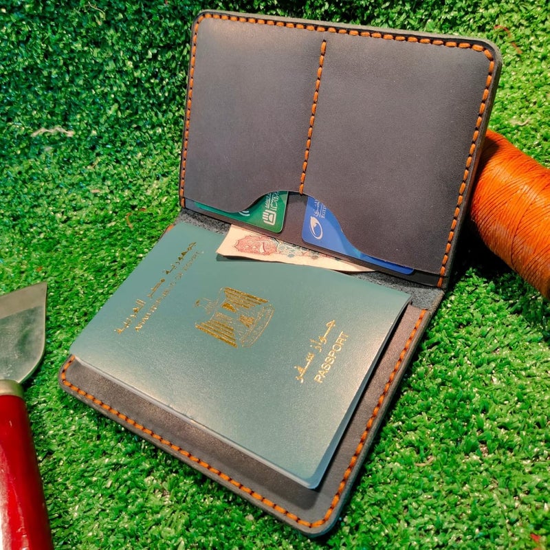 Handcrafted Leather Passport Holder, Black with Orange Contrast Stitching, Bifold Card Wallet, Premium Full-Grain Design, Travel Document Organizer - Image 1