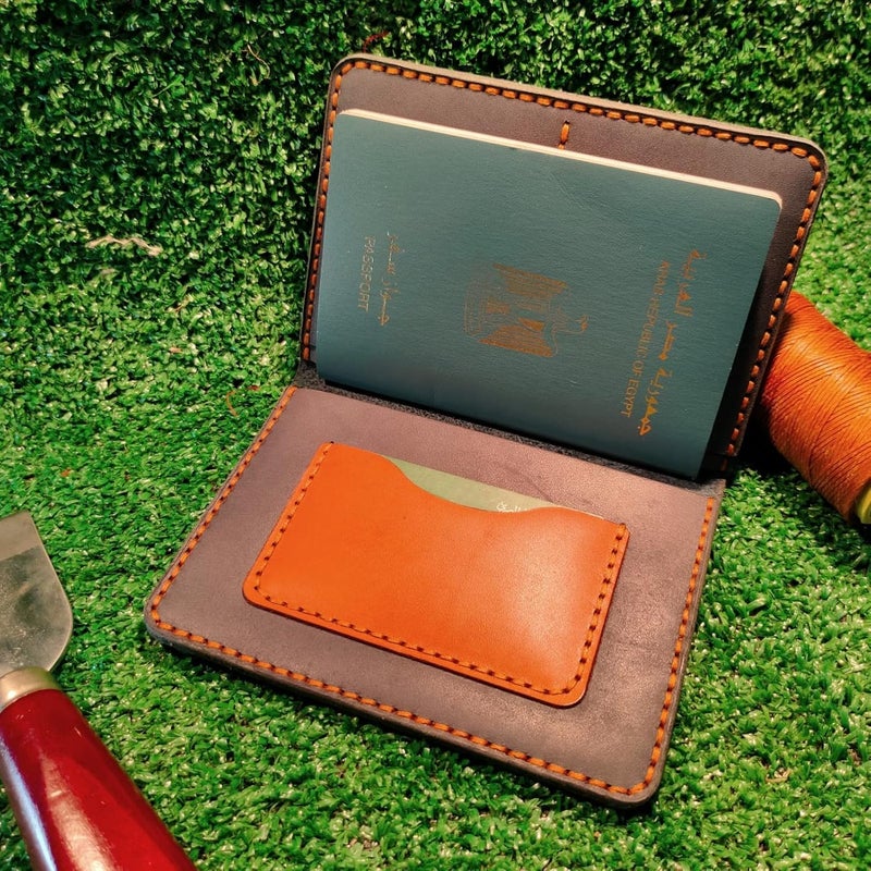 Handcrafted Leather Passport Holder, Black with Orange Contrast Stitching, Bifold Card Wallet, Premium Full-Grain Design, Travel Document Organizer - Image 2