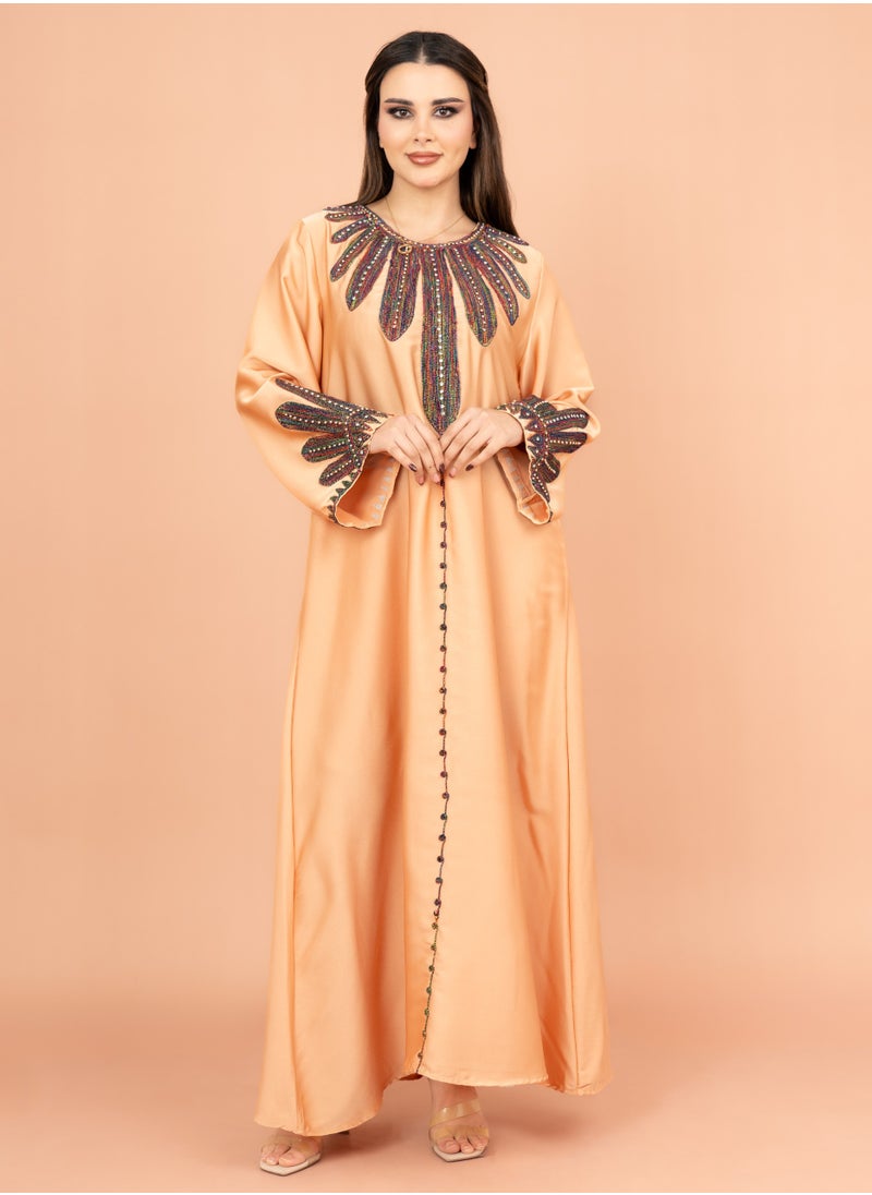 IKKXA Solid Embroidered Jalabiya IK1007 Orange  - Image 1