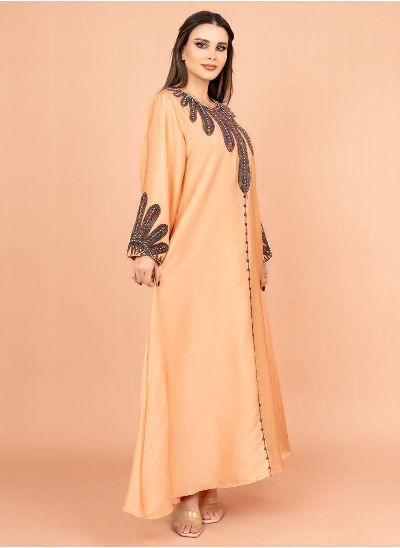 IKKXA Solid Embroidered Jalabiya IK1007 Orange  - Image 3