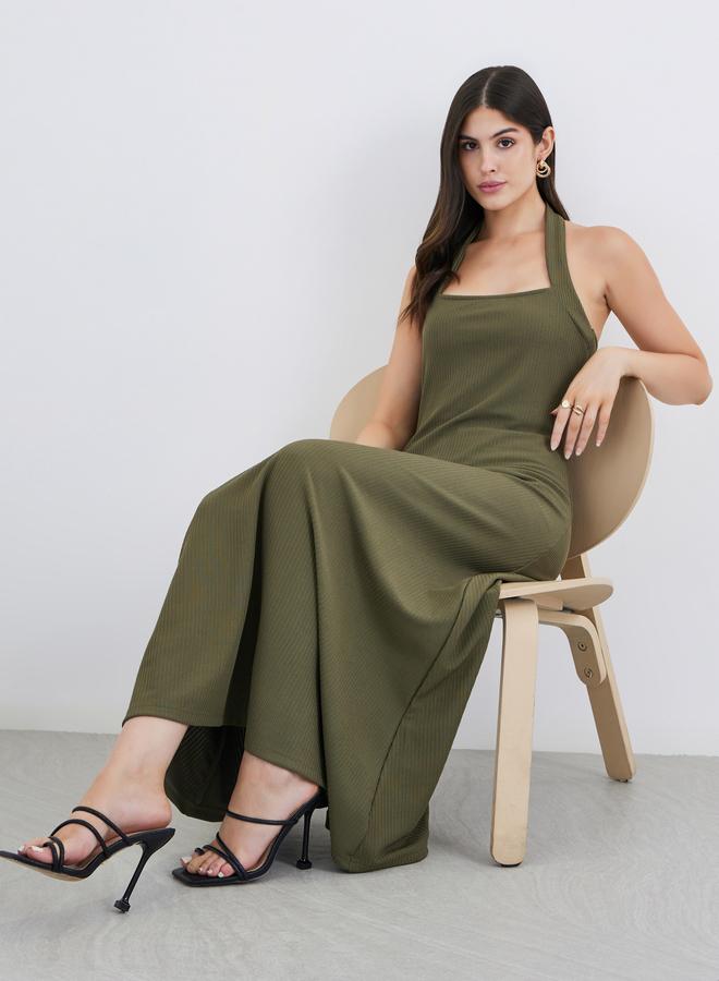 Styli Plain Knit Halter Neck Sheath Maxi Dress - Image 3