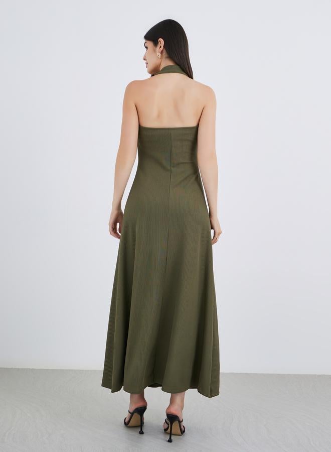 Styli Plain Knit Halter Neck Sheath Maxi Dress - Image 5
