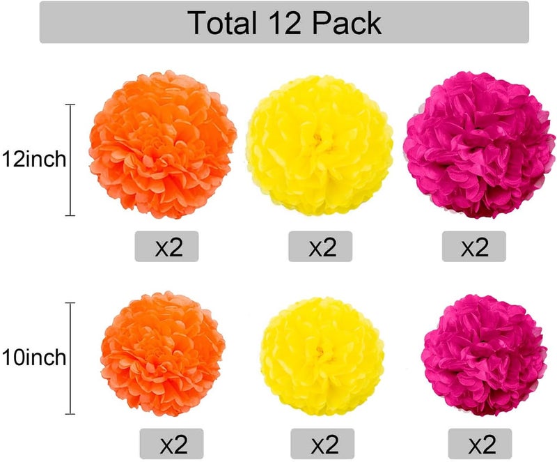 GAKA Orange Yellow and Hot Pink Tissue Paper Pom Poms, 12Pcs Hanging Pom Poms Flower Ball Decoration for Party Supply(10 inch and 12 inch) - Image 2