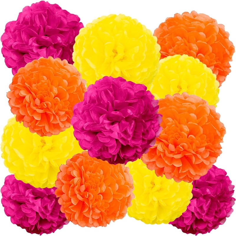 GAKA Orange Yellow and Hot Pink Tissue Paper Pom Poms, 12Pcs Hanging Pom Poms Flower Ball Decoration for Party Supply(10 inch and 12 inch) - Image 1
