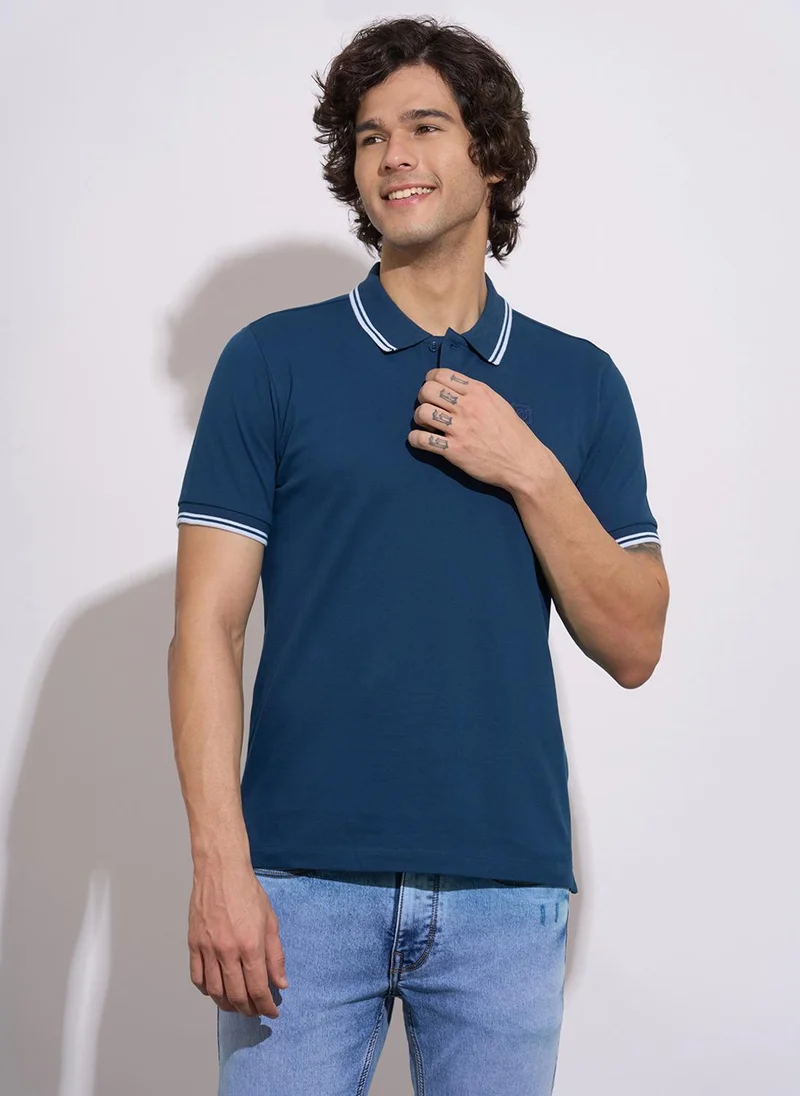 بيينغ هيومان Men Solid Polo Collar Pure Cotton Slim Fit T-shirt