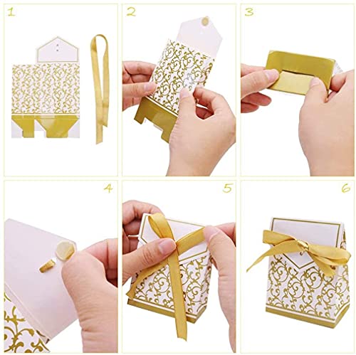 KUPOO 50PCS Candy Boxes,Gold Ribbon Wedding Favor Boxes Candy Bag Cake Box for Wedding Party Decoration Easter (gold) - Image 4