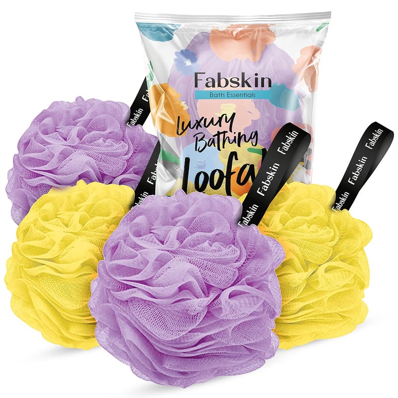 Fabskin لوفاة استحمام فاب سكين الفاخرة للرجال والنساء | عبوة من 4 | بنفسجي وأصفر | لوفاة رغوية للاستحمام | إسفنجة فرك للاستحمام | مصنوعة في الهند - Image 1