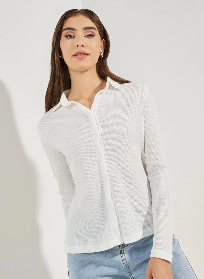 Styli Solid Waffle Knit Buttoned Down Shirt