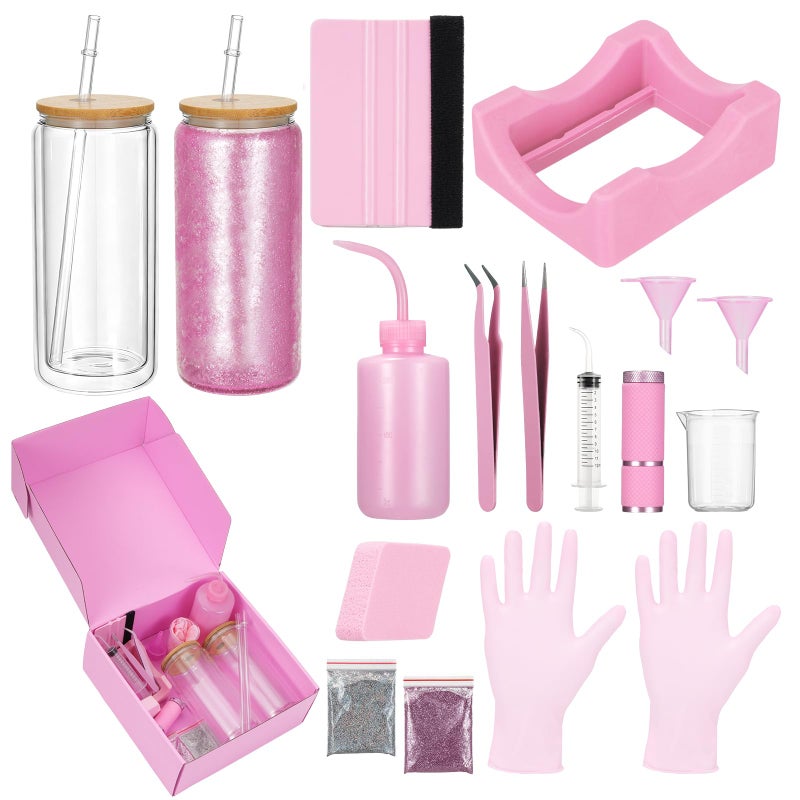 Foxtell 18 Pcs Snow Globe Tumbler DIY Kit 16 oz Pre Drilled Wall Double-Wall Snow Globe Cups with Lids Glitter Tools & Accessories Complete Craft Set for Making Custom Glitter Tumblers (Pink) - Image 1
