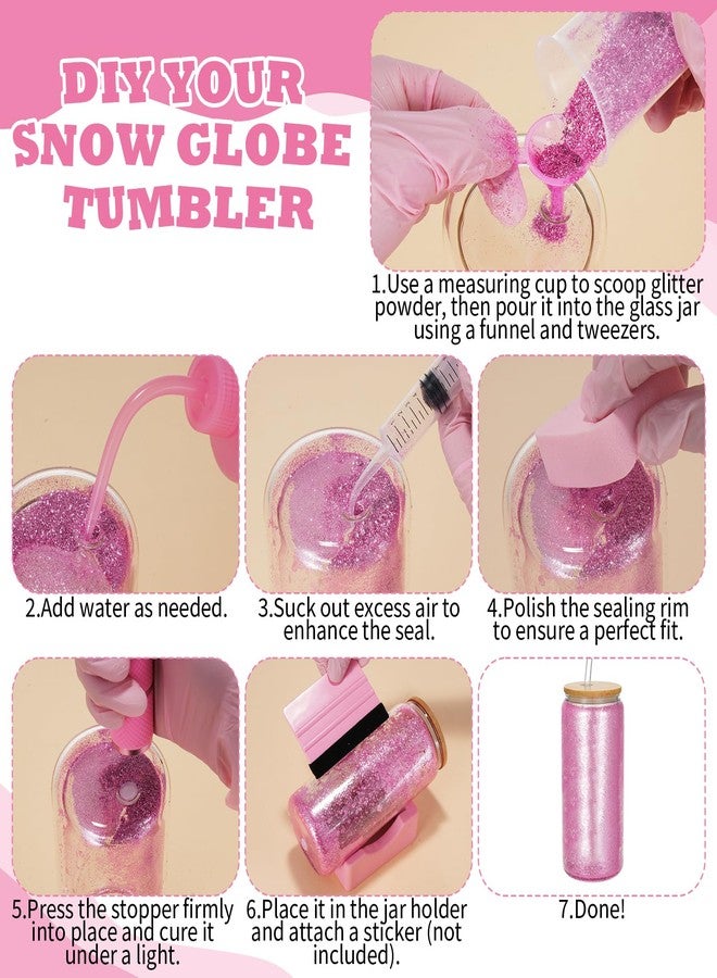 Foxtell 18 Pcs Snow Globe Tumbler DIY Kit 16 oz Pre Drilled Wall Double-Wall Snow Globe Cups with Lids Glitter Tools & Accessories Complete Craft Set for Making Custom Glitter Tumblers (Pink) - Image 4